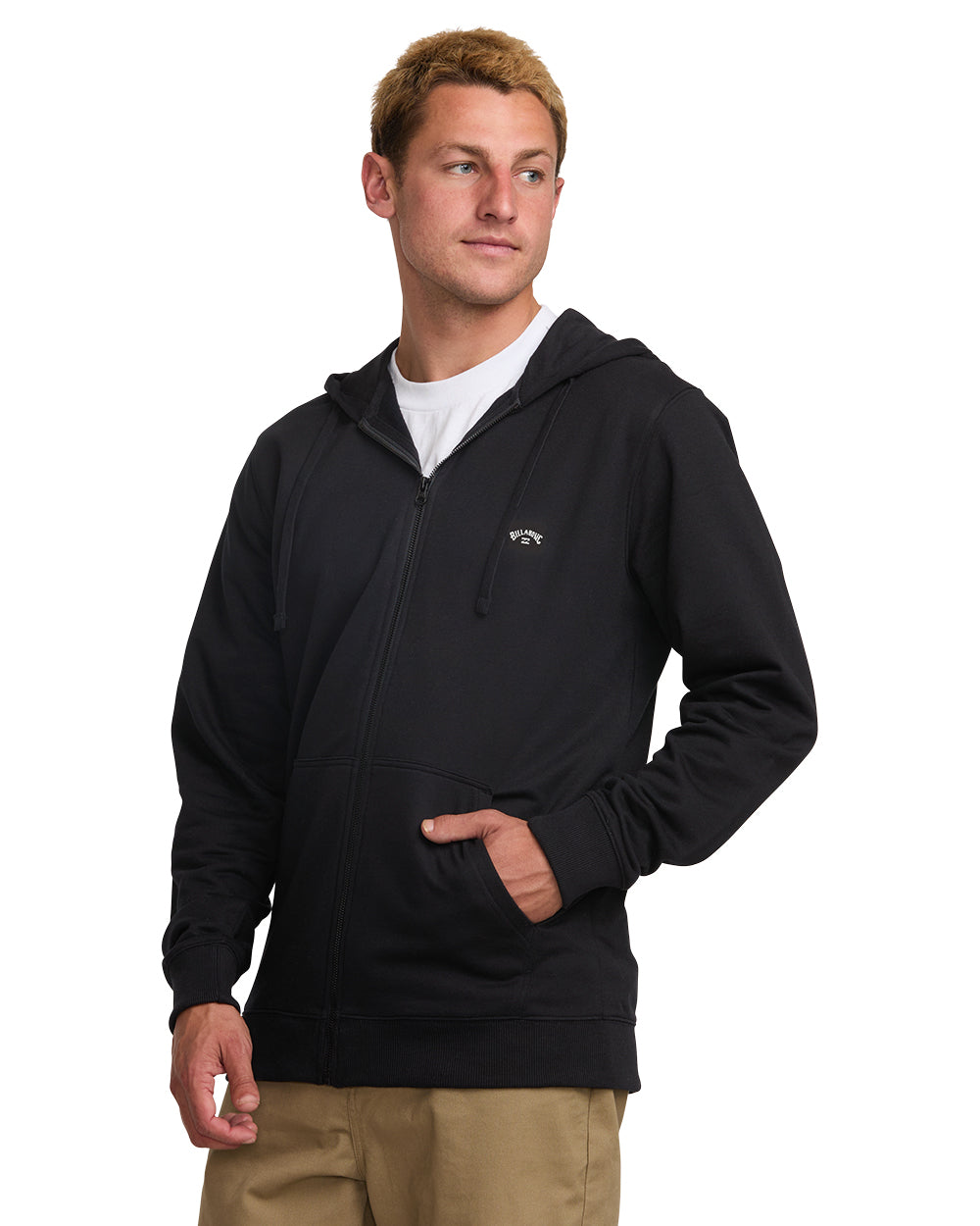Black zip-front hoodie with drawstring hood and front pockets, worn over white t-shirt.