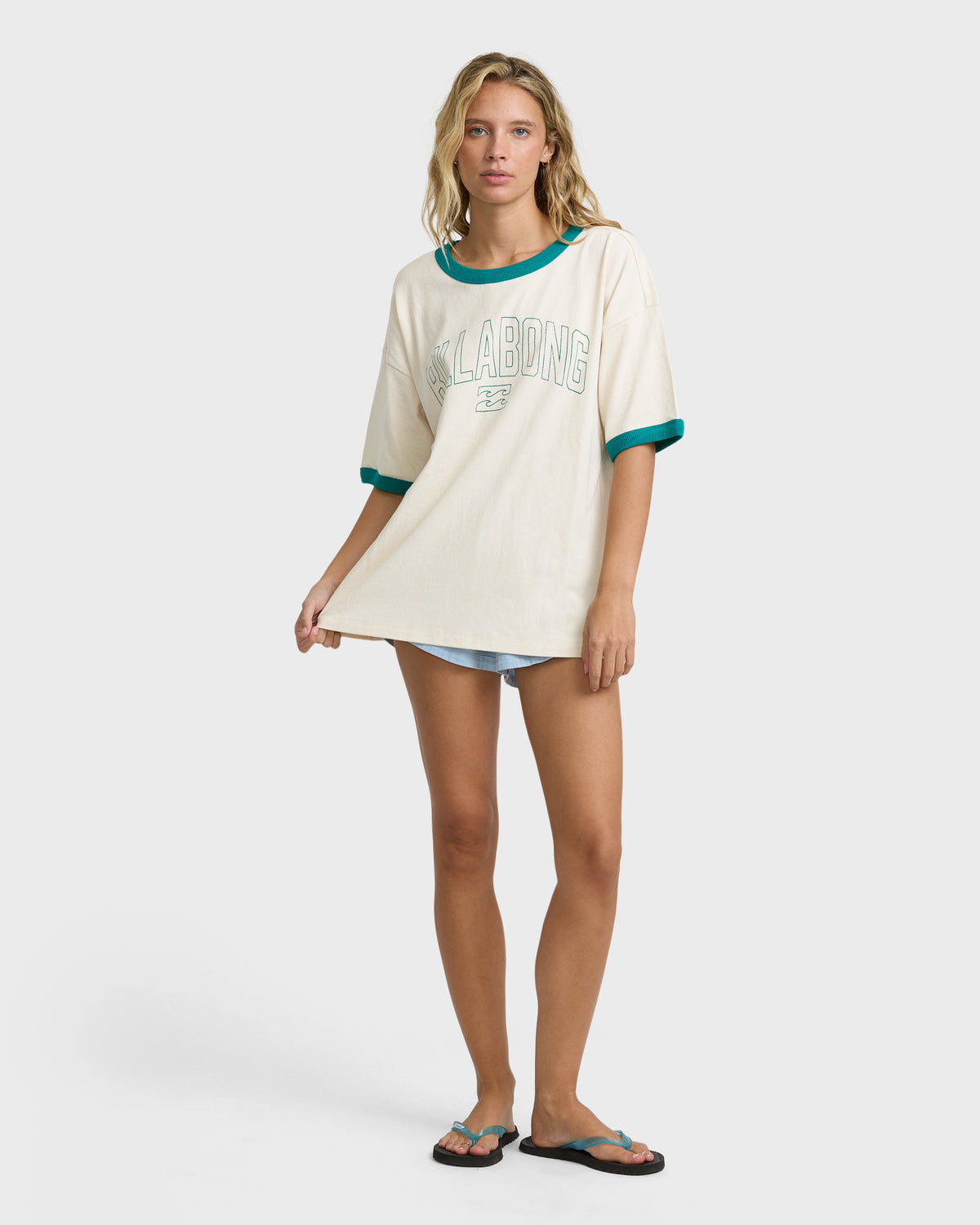 White short-sleeve ringer t-shirt with teal trim and "Klaboing" graphic text.