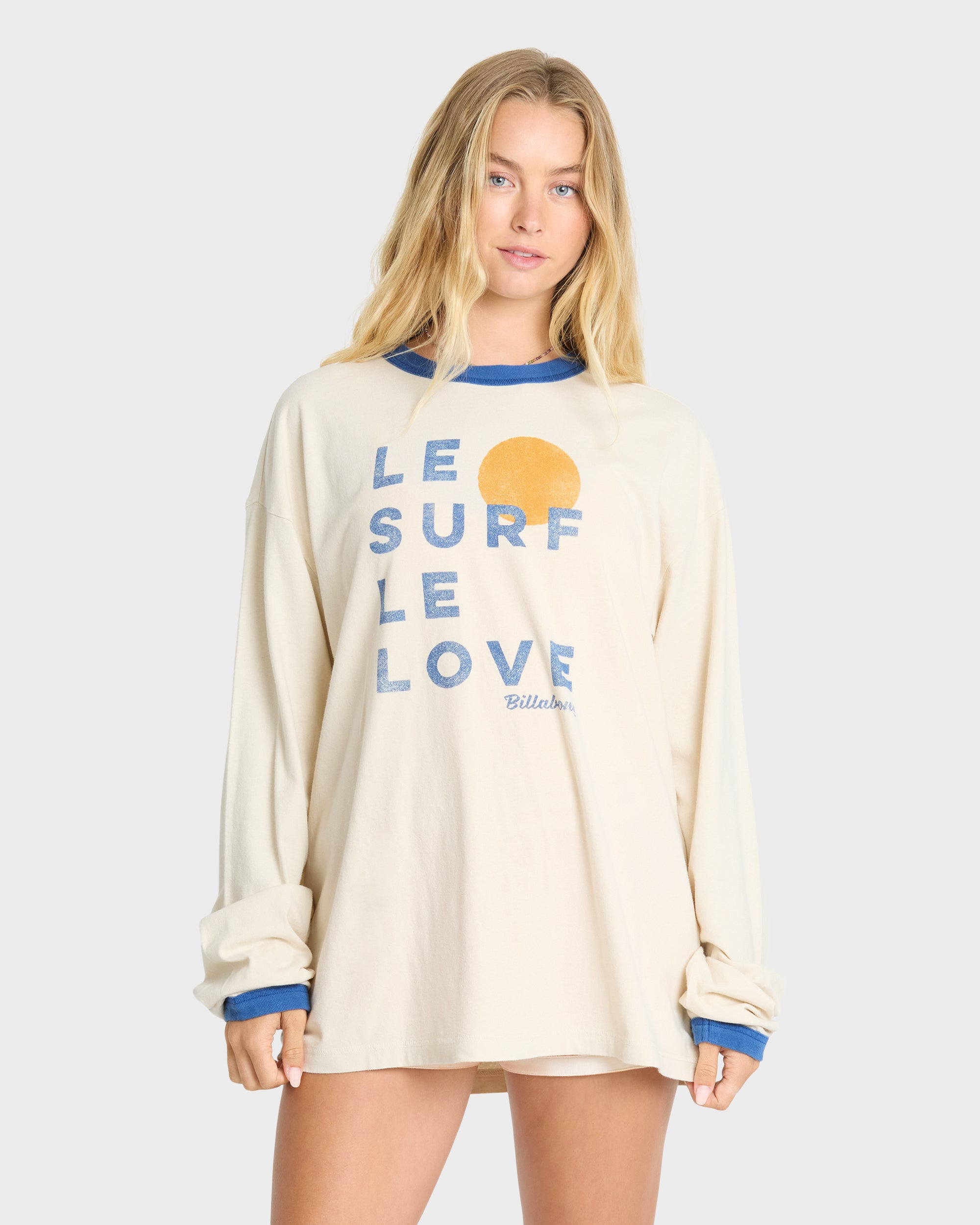 Le Love Surf Ringer Long Sleeve Cotton T-Shirt - White Cap | Billabong