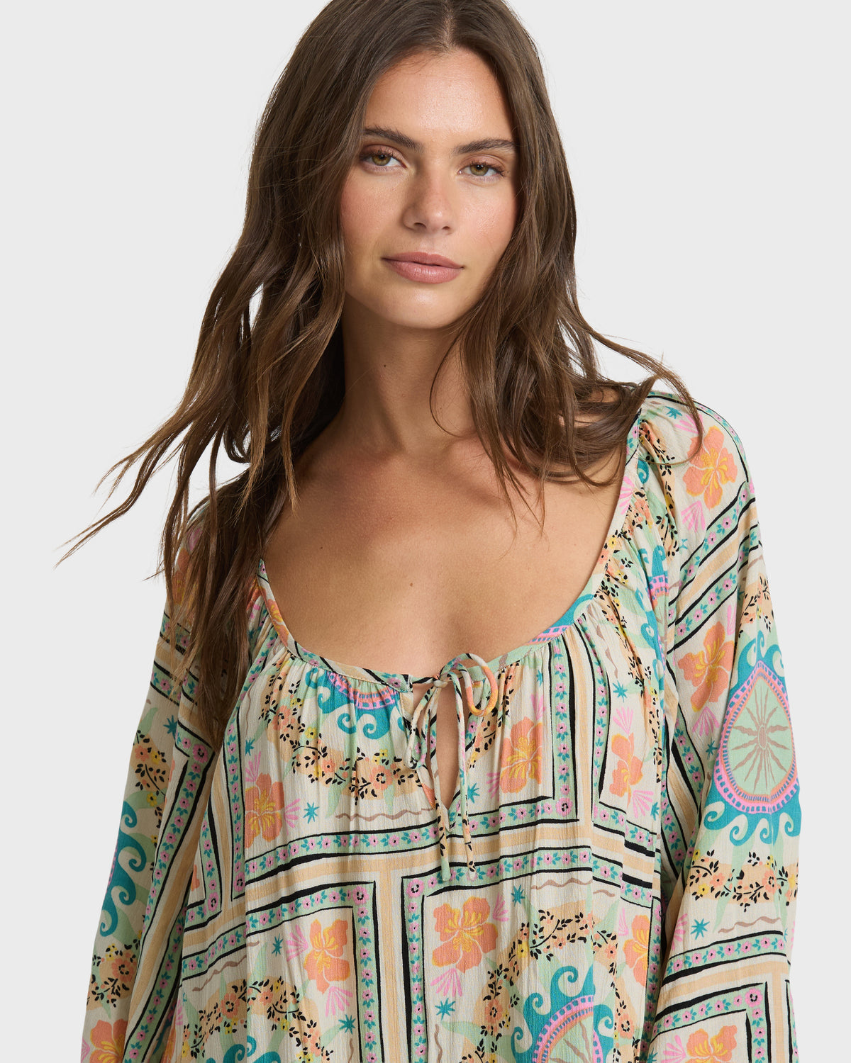 
Vacay Bound Long Sleeve Mini Dress - White Multi