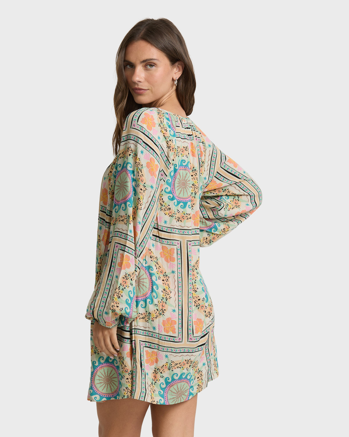 
Vacay Bound Long Sleeve Mini Dress - White Multi