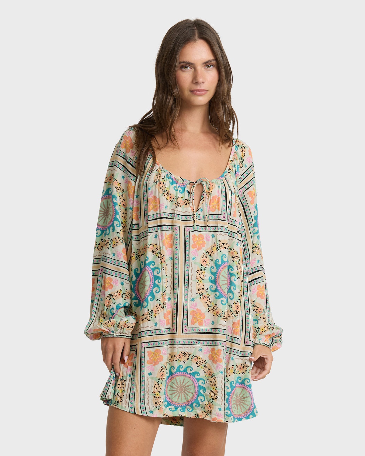 
Vacay Bound Long Sleeve Mini Dress - White Multi