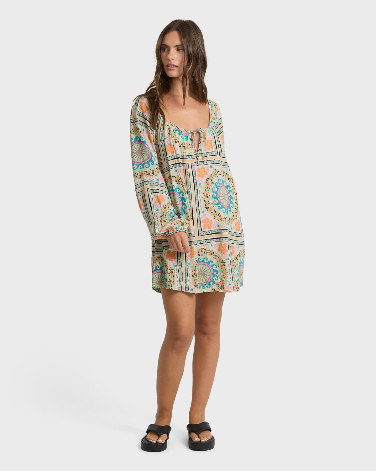 
Vacay Bound Long Sleeve Mini Dress - White Multi