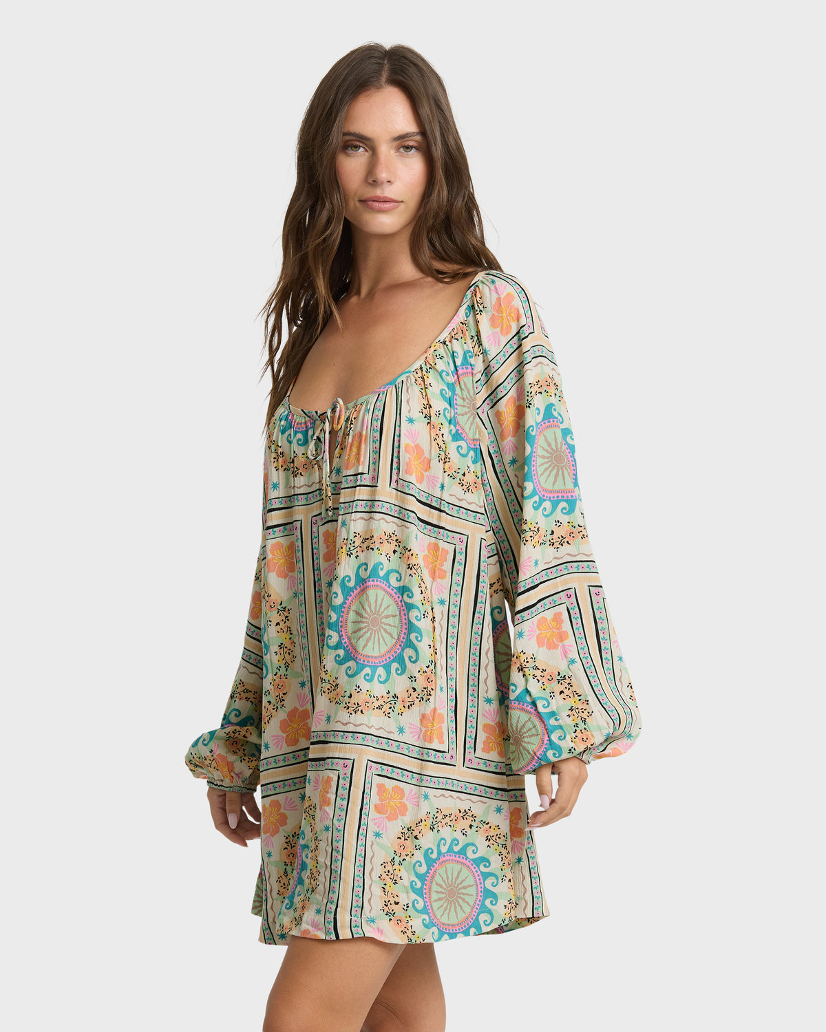 
Vacay Bound Long Sleeve Mini Dress - White Multi