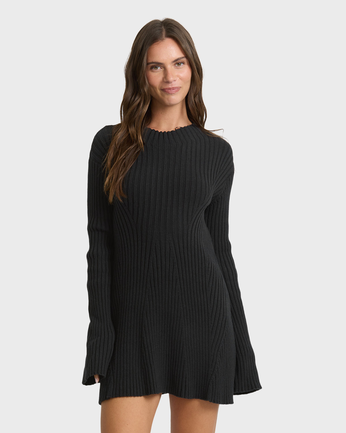 
Ivy Mock Neck Long Sleeve Sweater Mini Dress - Black Sands