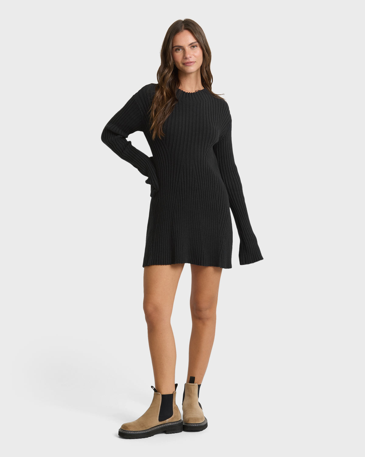 
Ivy Mock Neck Long Sleeve Sweater Mini Dress - Black Sands