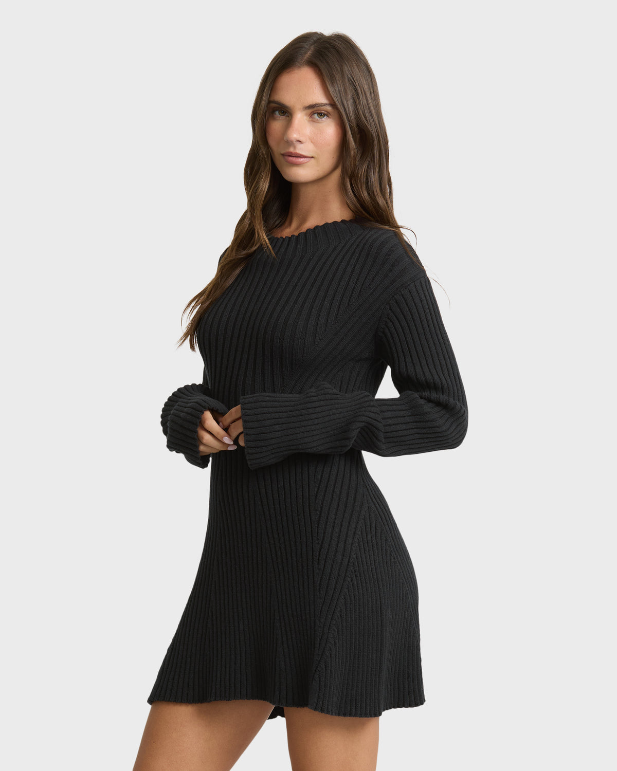 
Ivy Mock Neck Long Sleeve Sweater Mini Dress - Black Sands