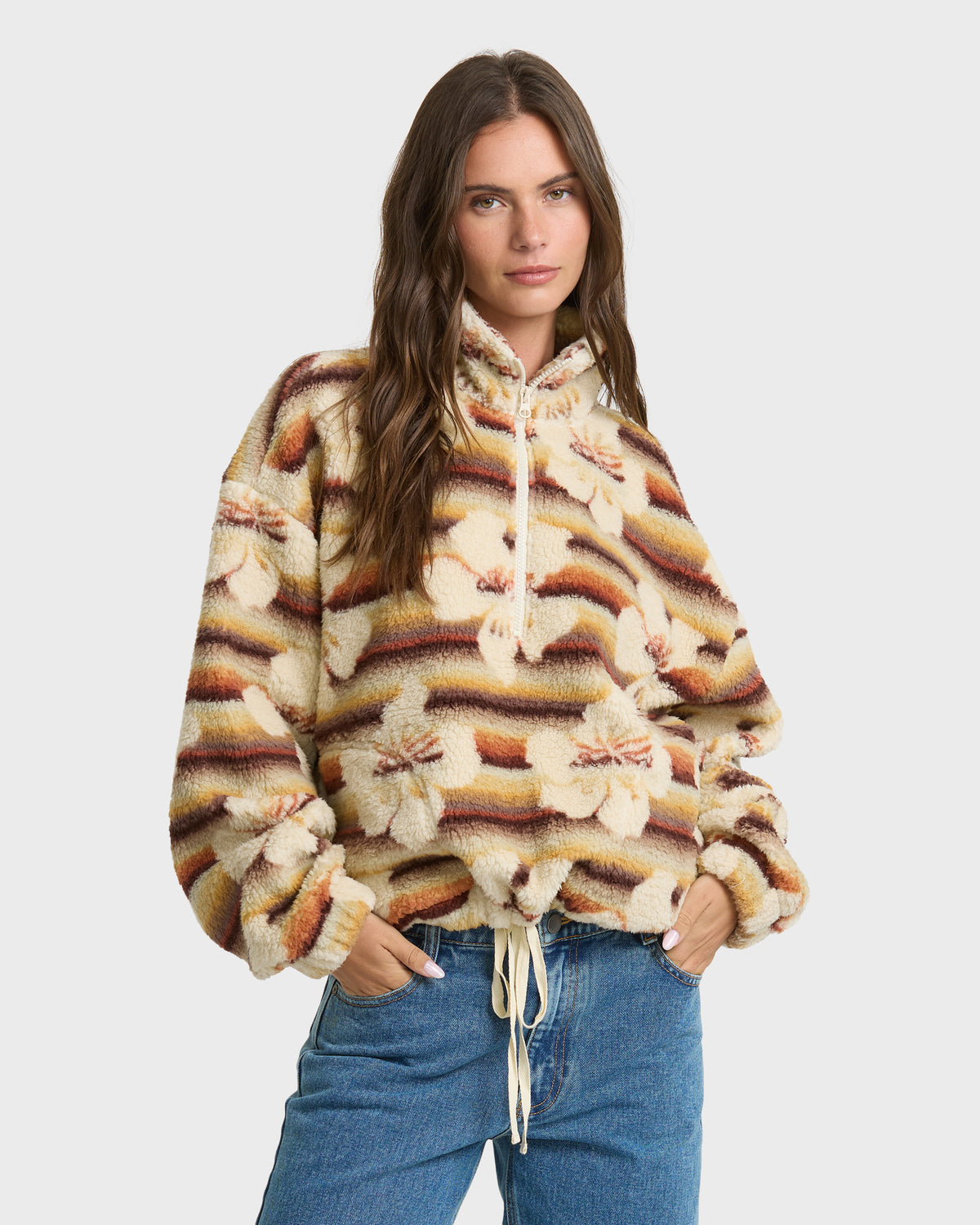
All The Time Sherpa Quarter Zip Fleece - Brown Multi