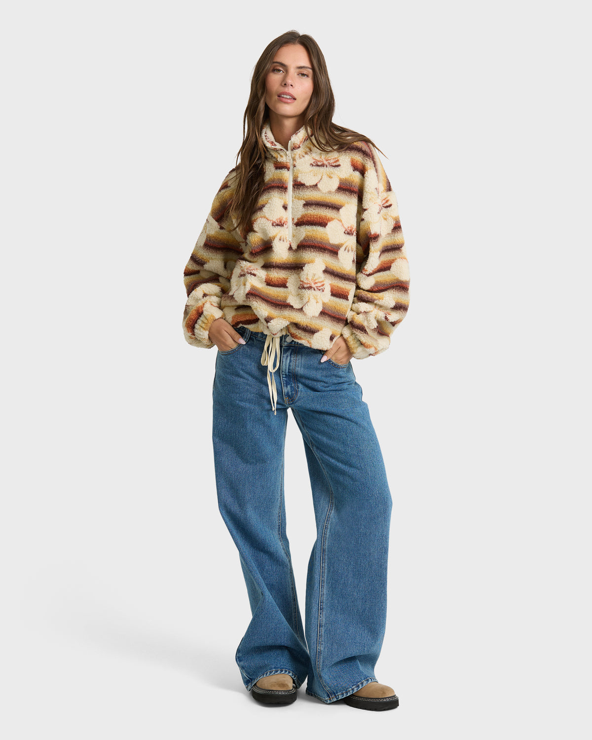 
All The Time Sherpa Quarter Zip Fleece - Brown Multi