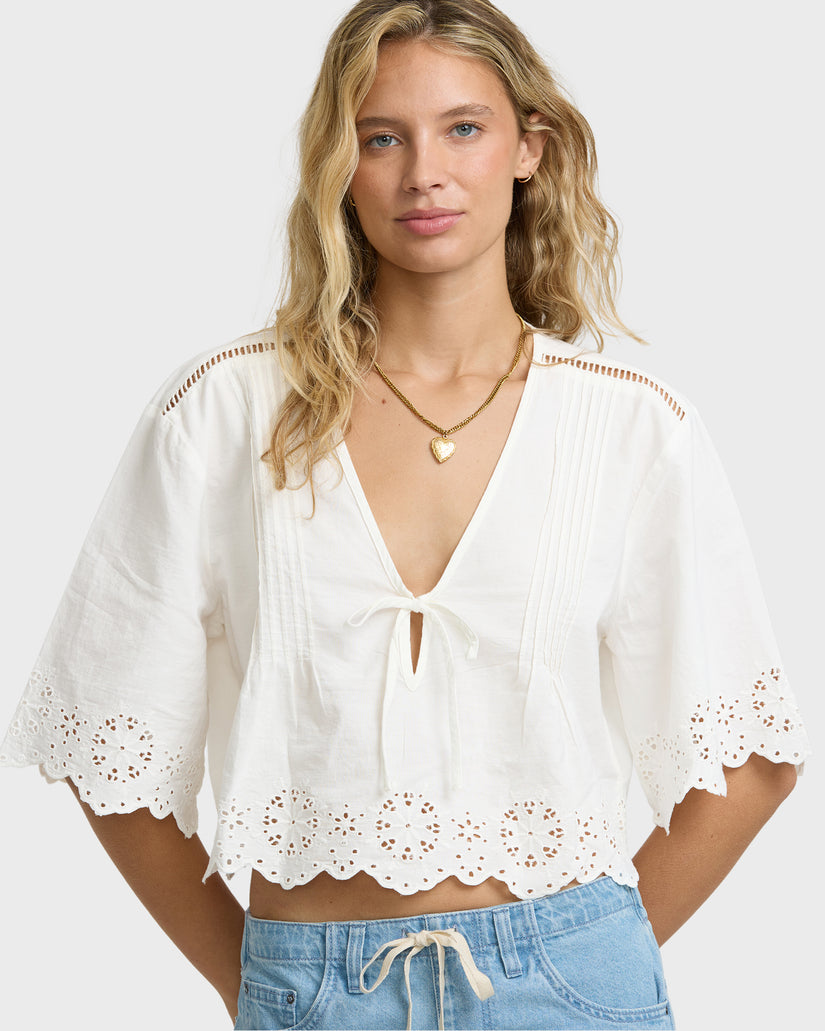 Light And Airy Short Sleeve Cotton Blouse - Salt Crystal