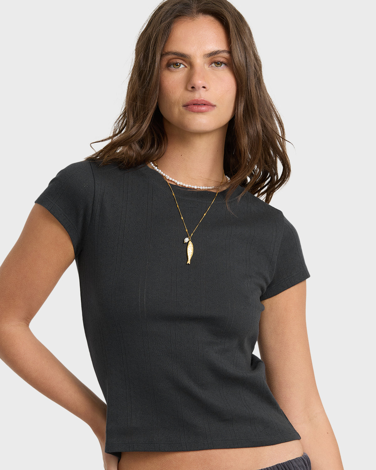 
Just For You Solid Short Sleeve Pointelle T-Shirt - Black Sands