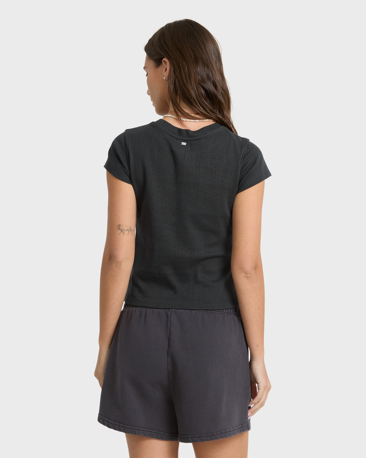 
Just For You Solid Short Sleeve Pointelle T-Shirt - Black Sands