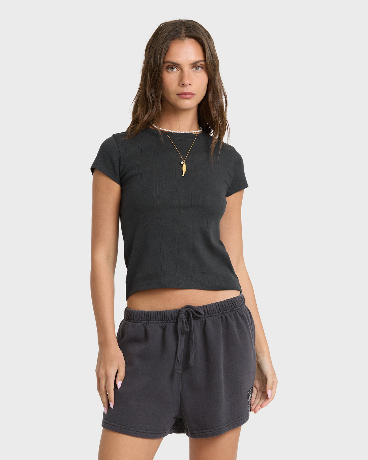 
Just For You Solid Short Sleeve Pointelle T-Shirt - Black Sands