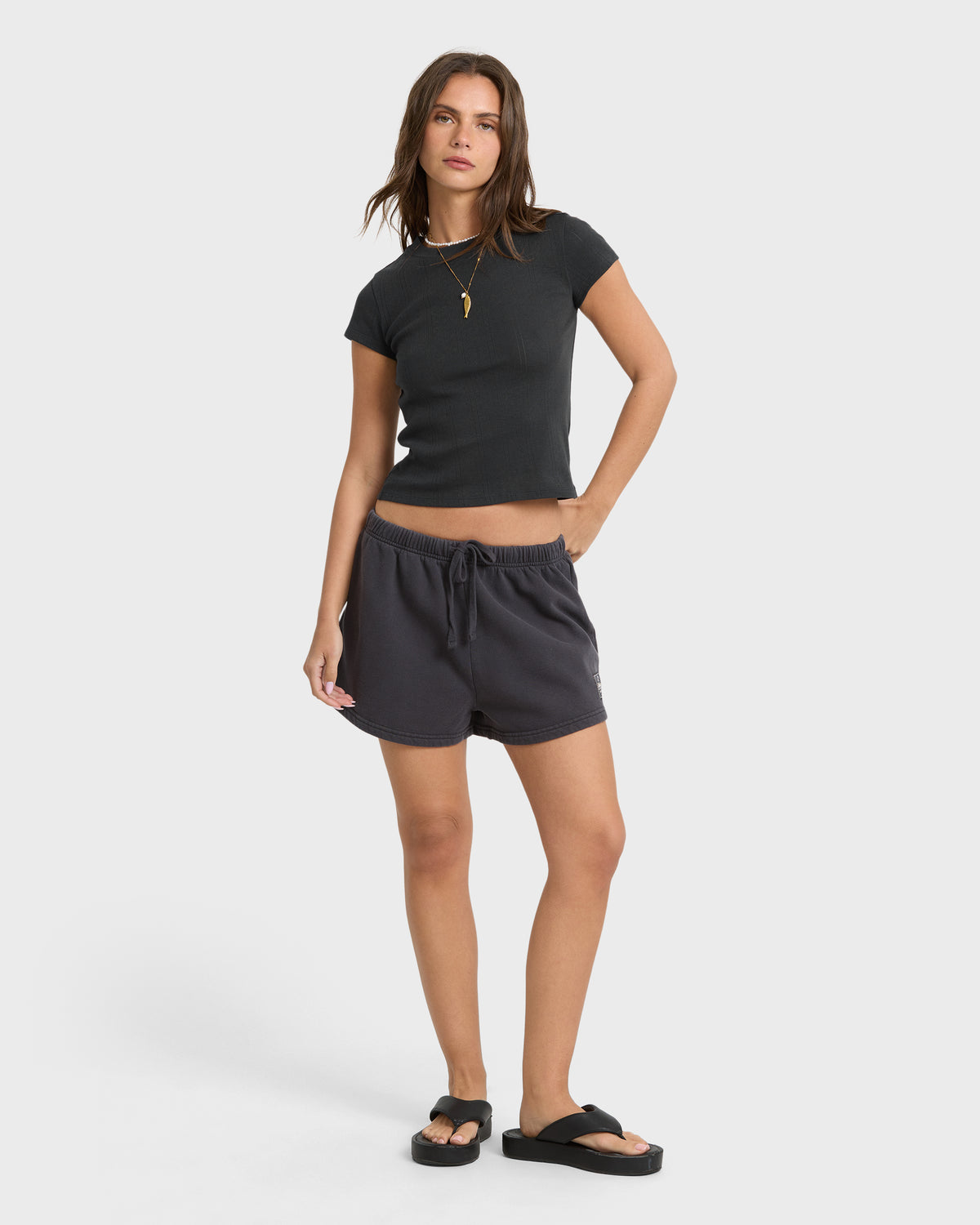 
Just For You Solid Short Sleeve Pointelle T-Shirt - Black Sands