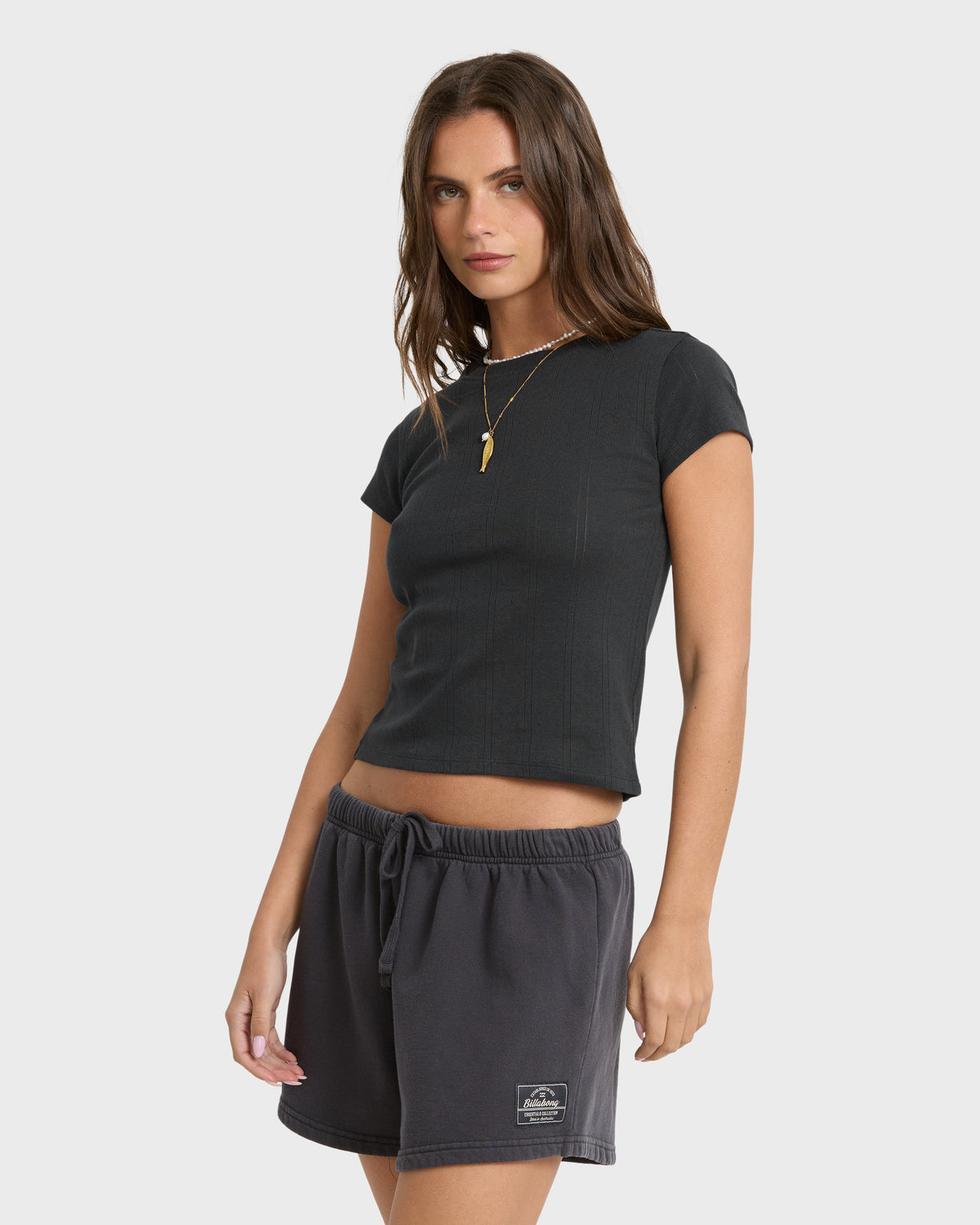 
Just For You Solid Short Sleeve Pointelle T-Shirt - Black Sands