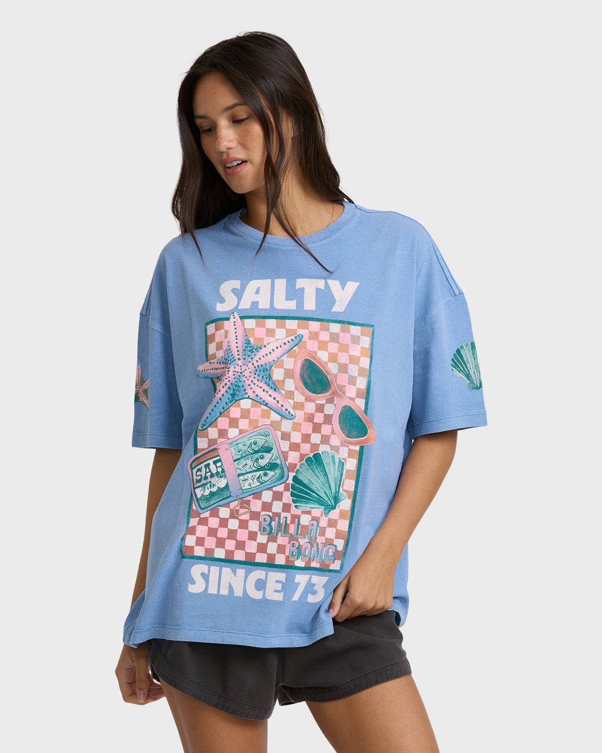 Blue short sleeve cotton t-shirt with "Salty" graphic featuring starfish, sunglasses, shells and checkered pattern design.