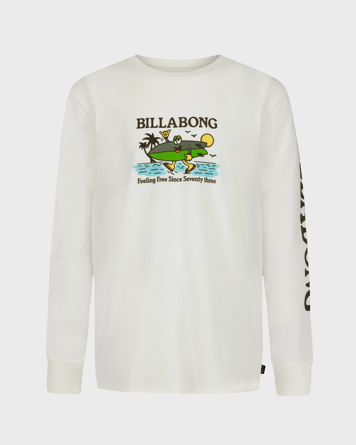 White long-sleeve shirt with Billabong graphic design on a white background