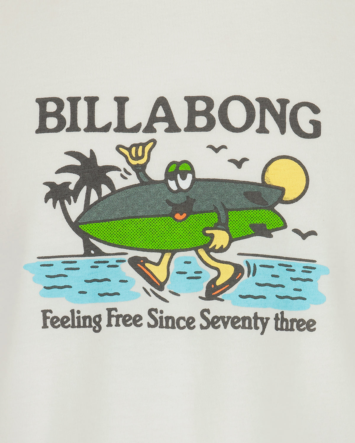 Billabong logo with a cartoon crocodile holding a surfboard and palm trees on a light gray background.