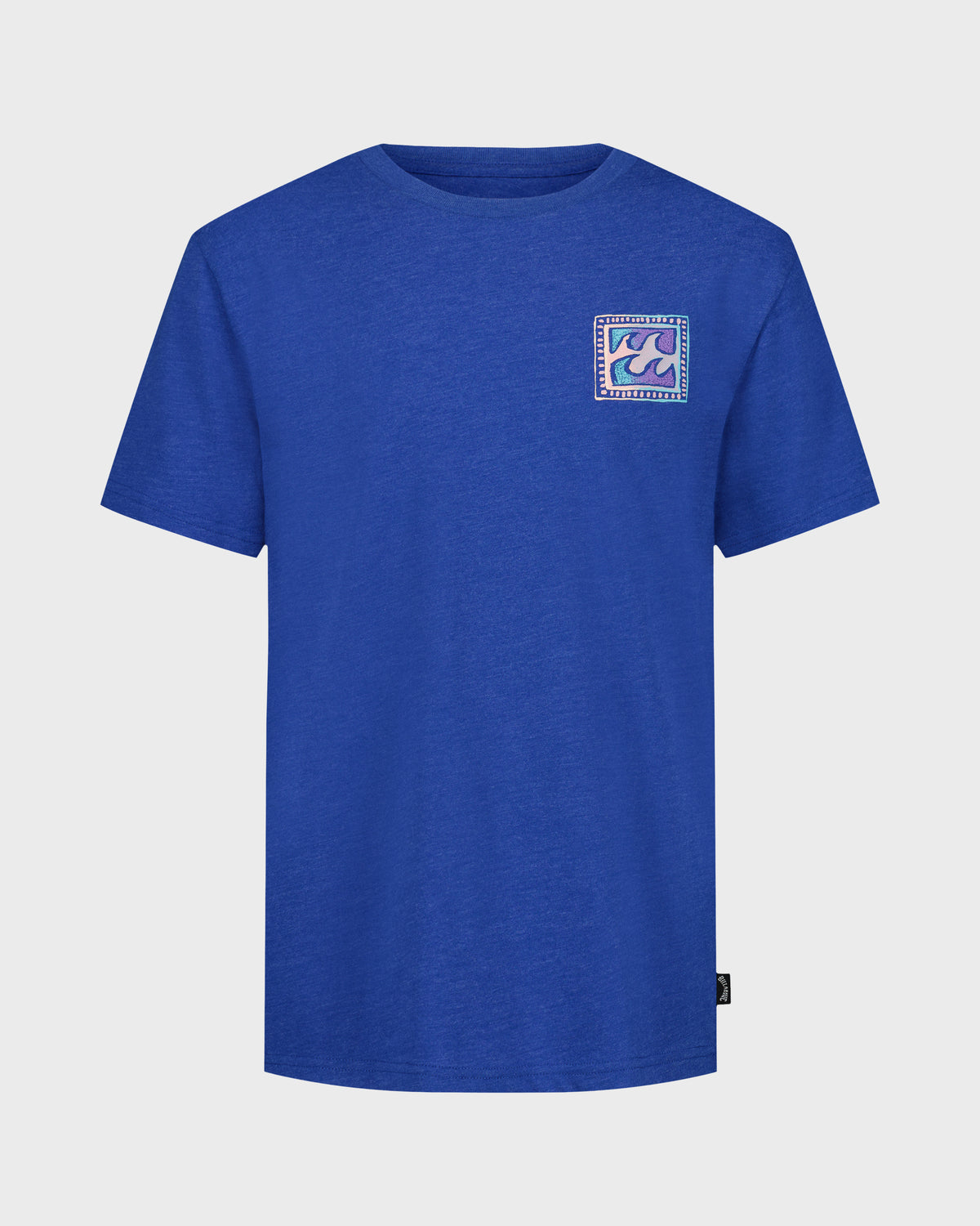 Blue t-shirt with a logo on the chest against a light gray background