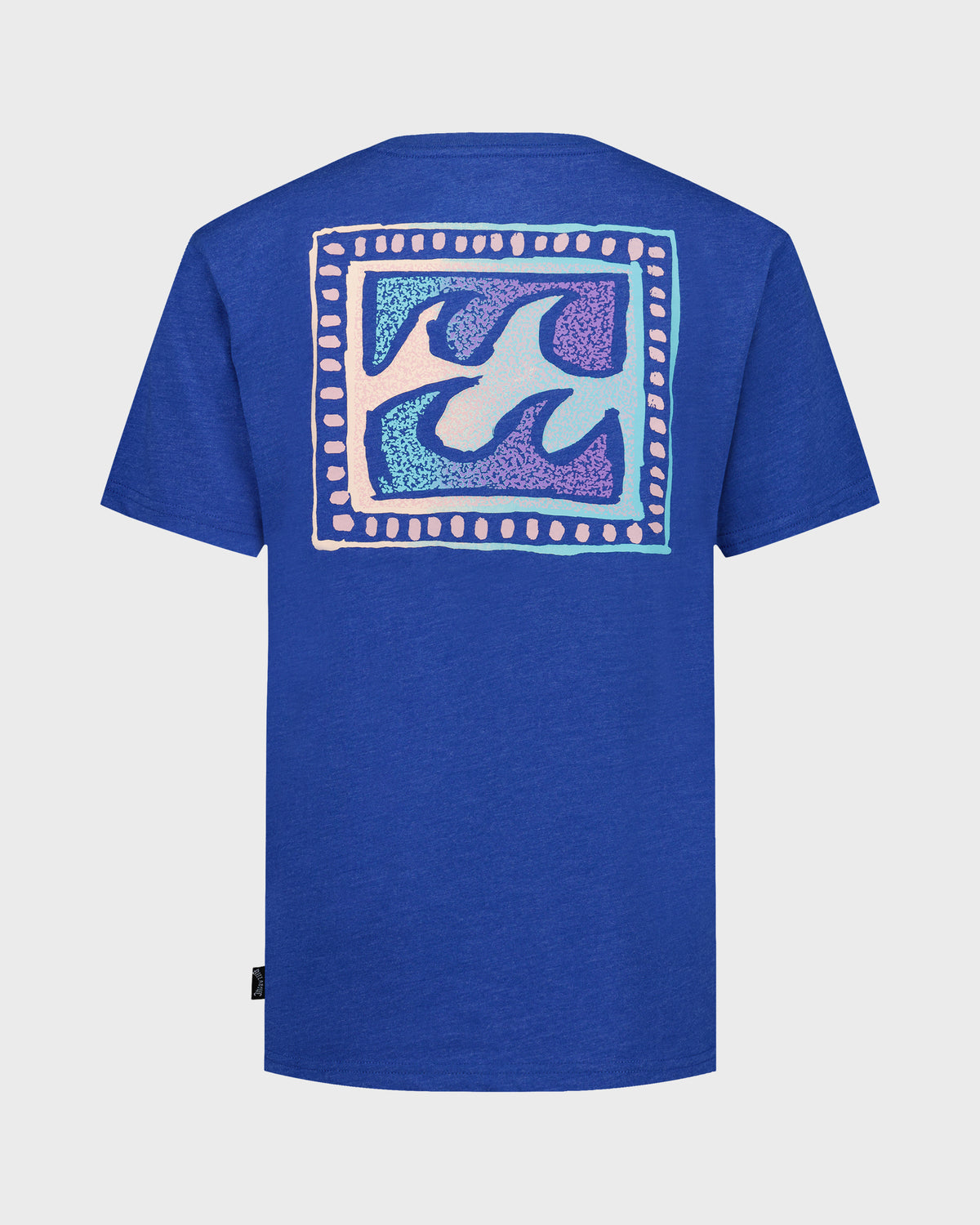 Blue t-shirt with a graphic design on the back against a white background