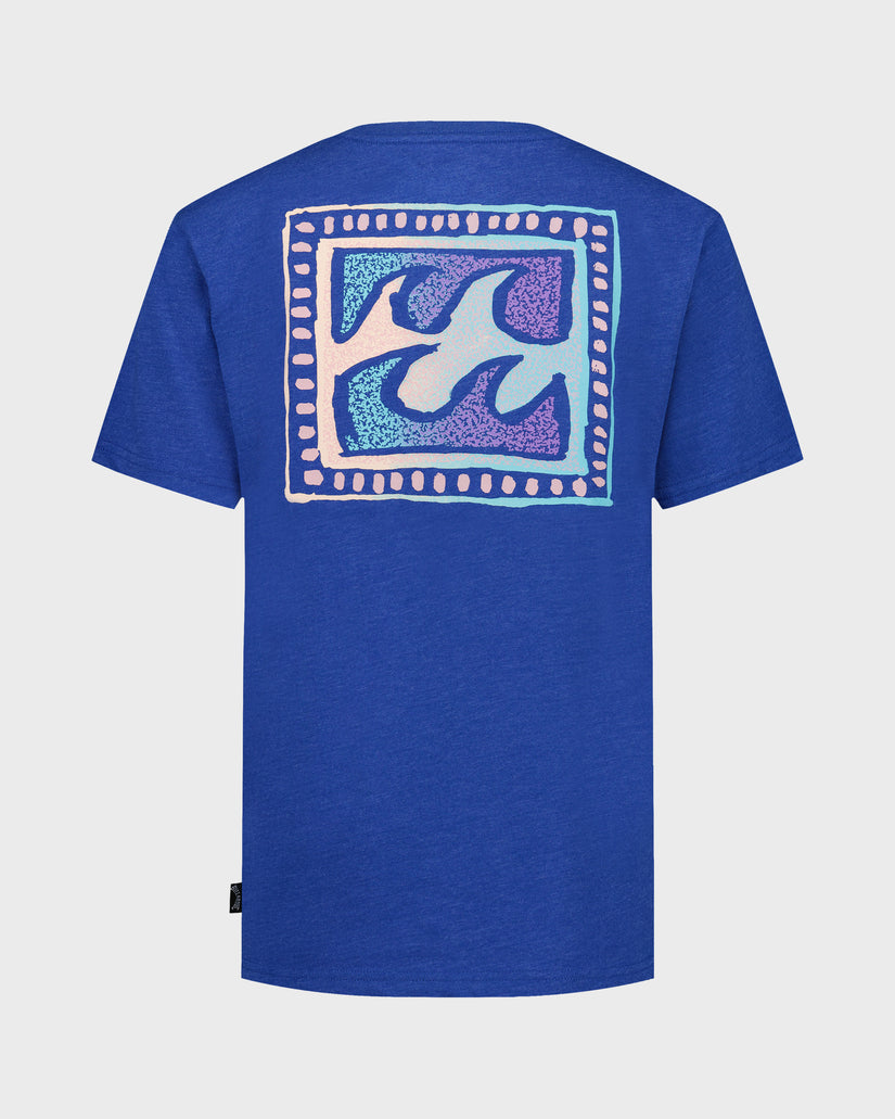 Blue t-shirt with a graphic design on the back against a white background