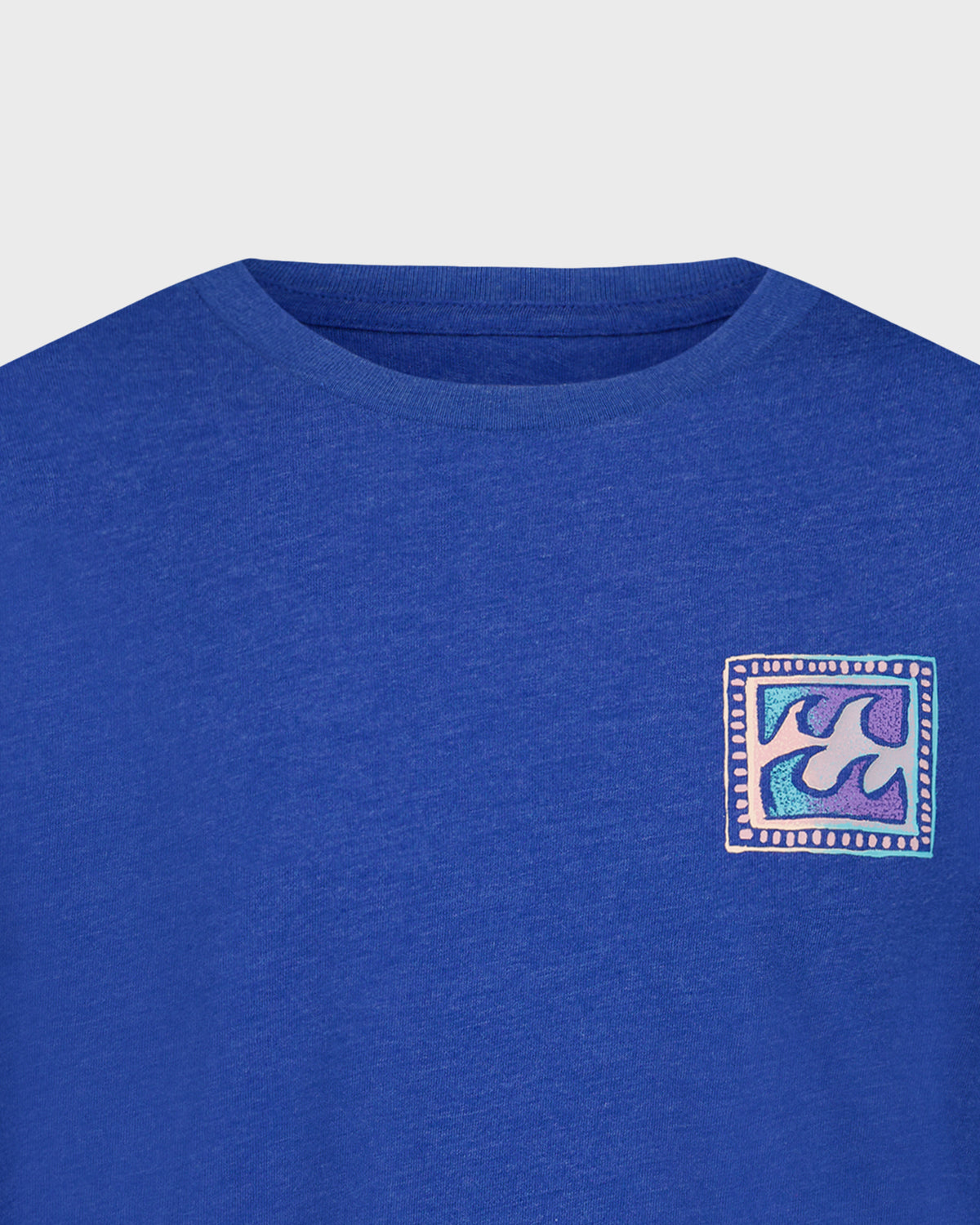 Blue crewneck tee with a square Billabong wave graphic at the chest