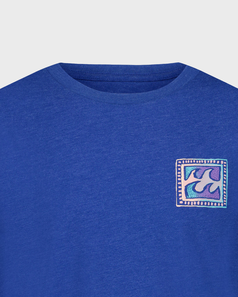 Blue crewneck tee with a square Billabong wave graphic at the chest