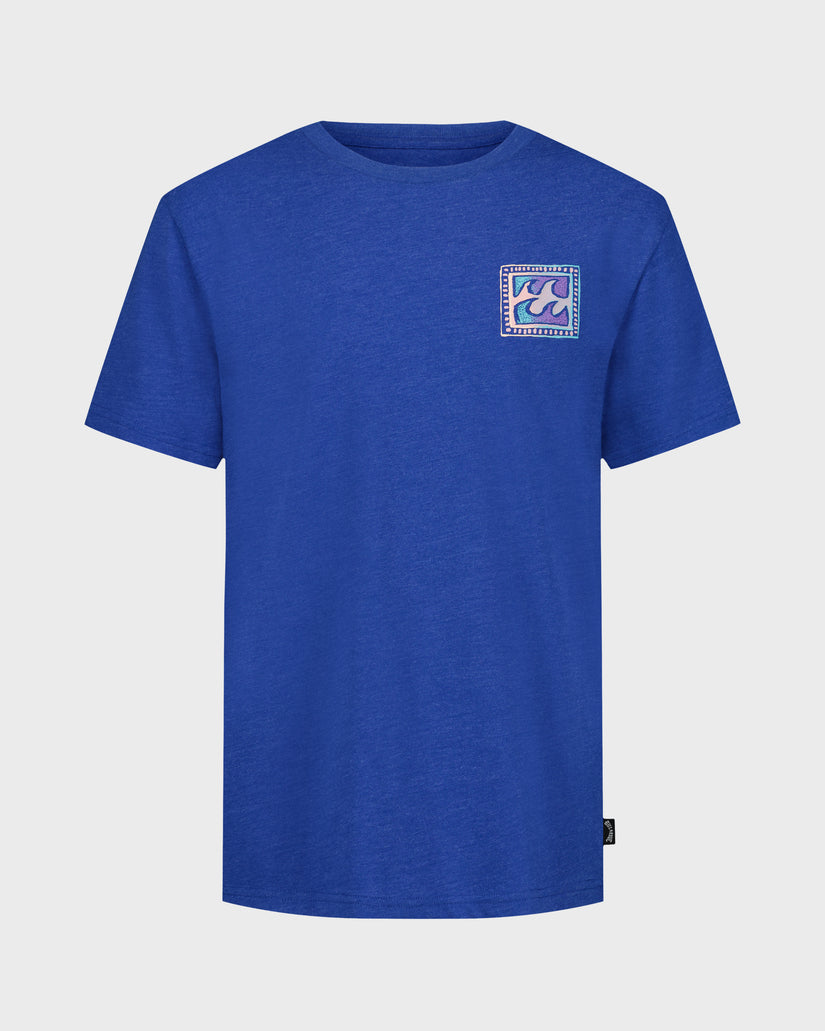 Blue t-shirt with a logo on the chest against a light gray background