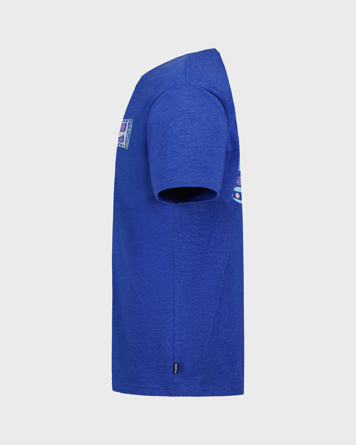 Blue t-shirt with brand logos on a light gray background