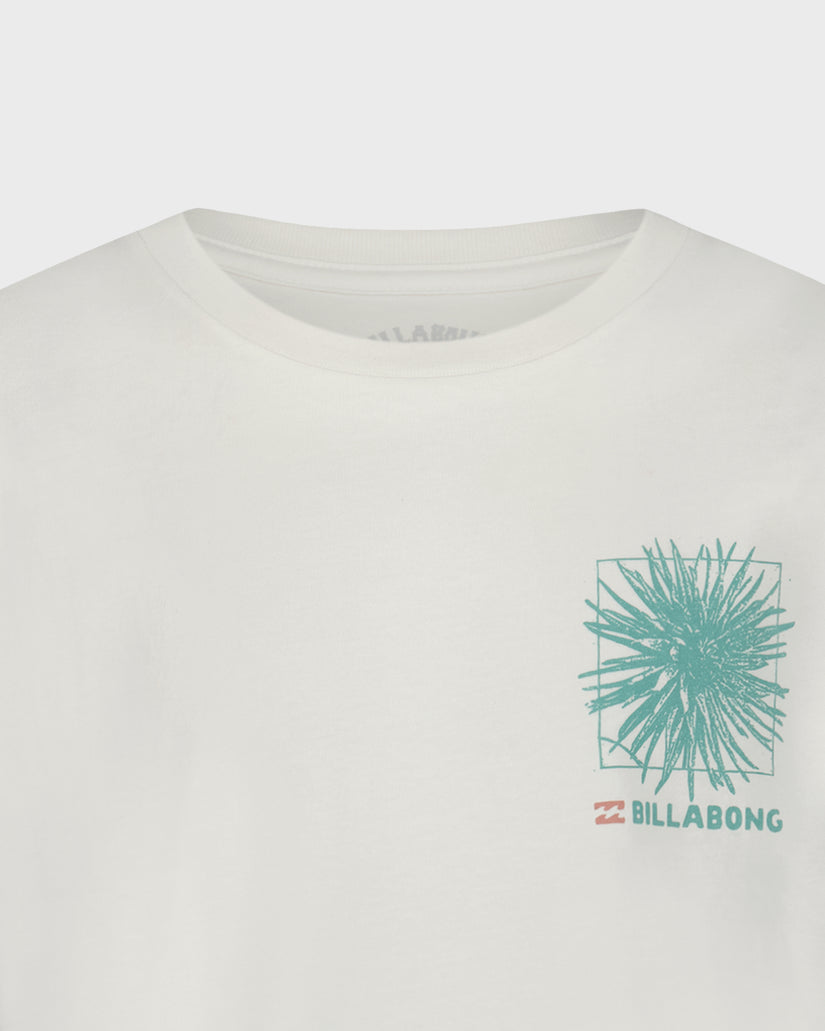 White t-shirt with green graphic design and Billabong logo on a white background
