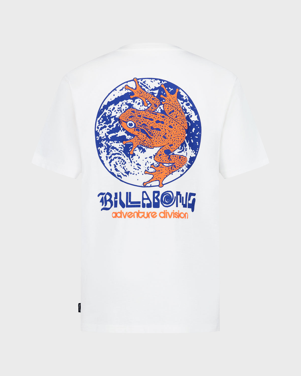 White t-shirt with orange and blue lizard graphic and 'Billabong' text on a white background