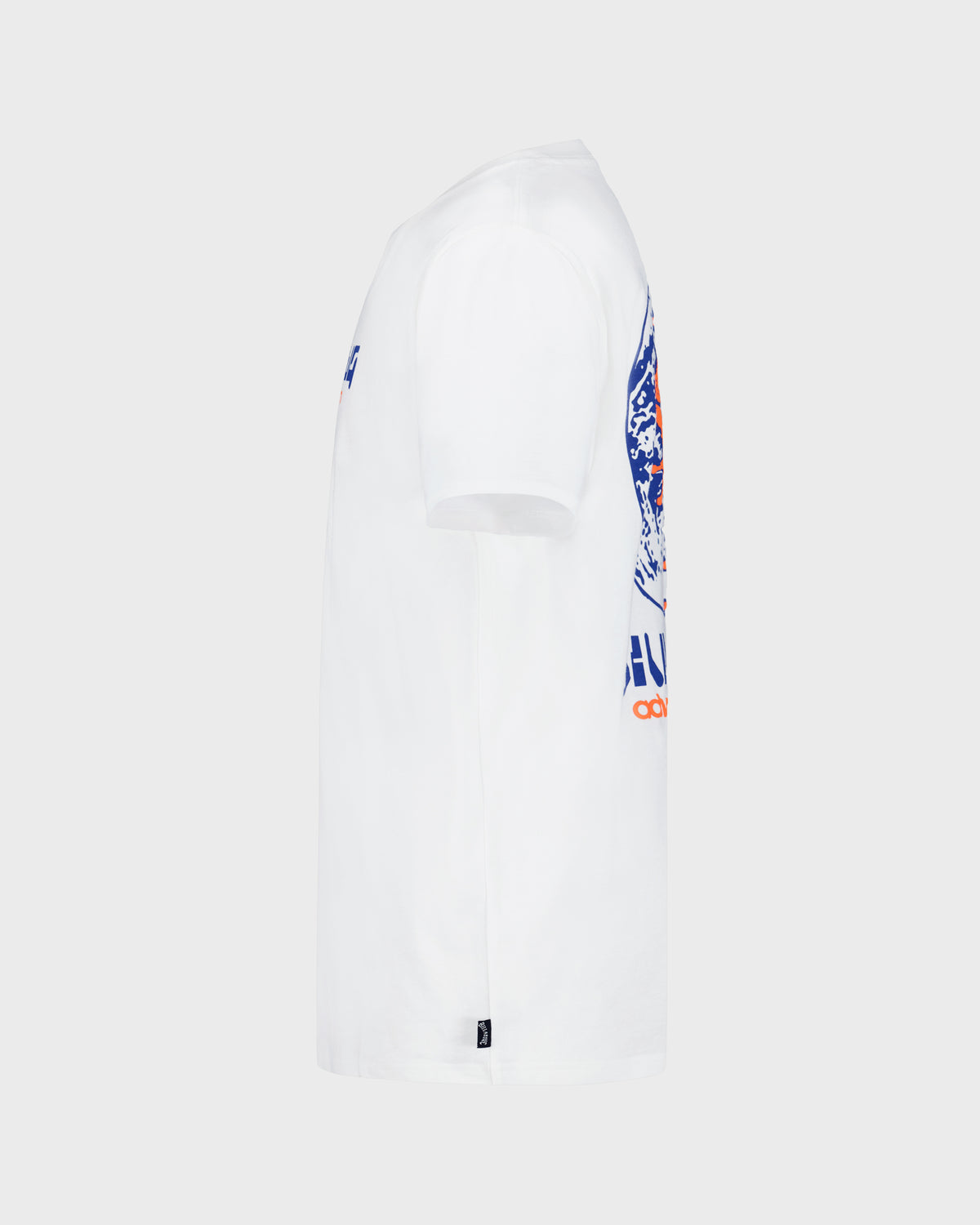 White ski with blue and red design on a white background