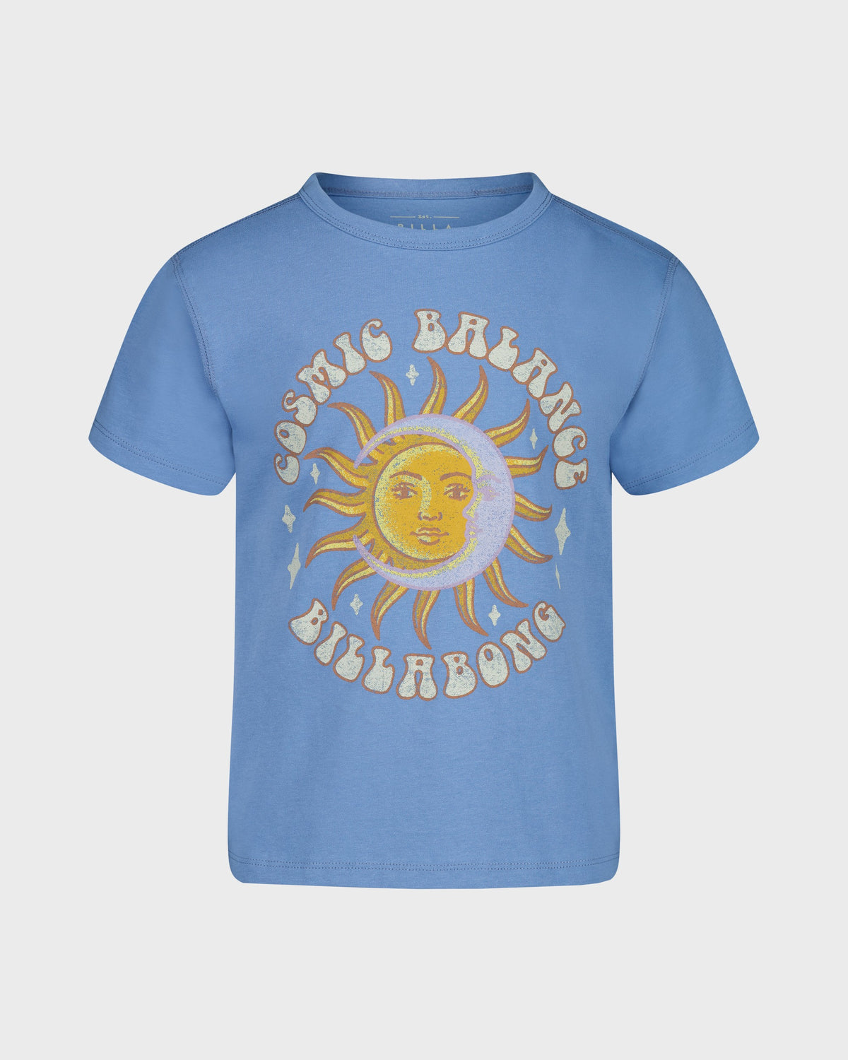 Blue t-shirt with a sun graphic and 'Billabong' text on a white background