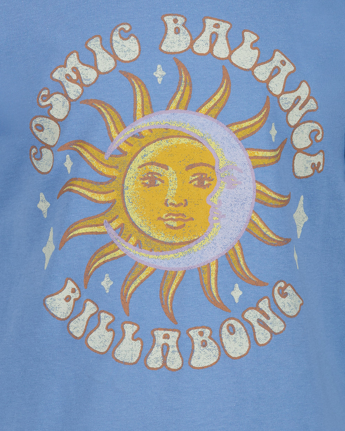 Blue t-shirt with a sun and moon design and 'Billabong' branding on a blue background
