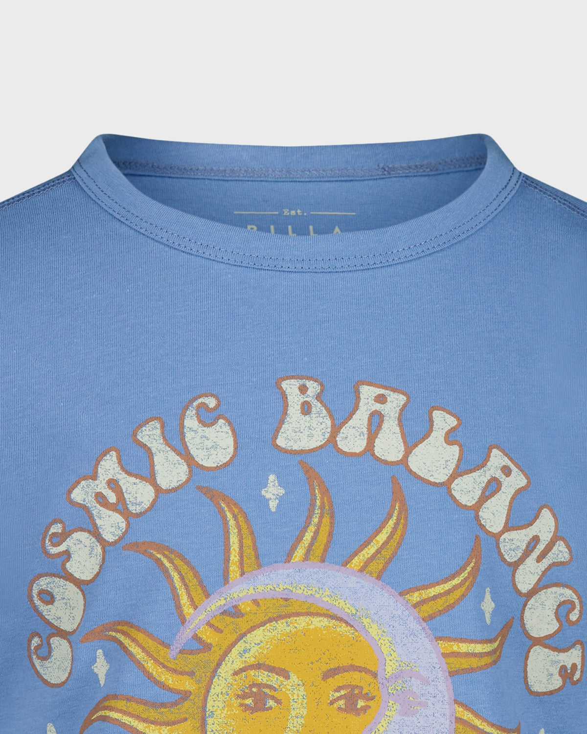 Blue t-shirt with 'Cosmic Balance' graphic design featuring a sun and moon.