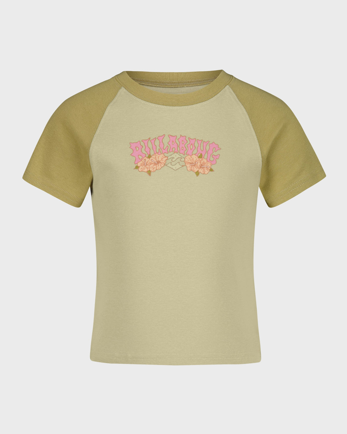 Beige and green baseball shirt with floral design and text on a white background