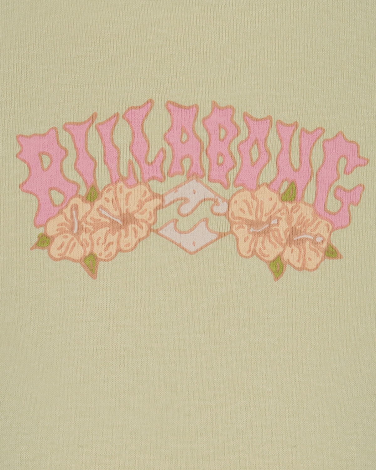 Embroidered Billabong logo with pink text and floral designs on a beige background