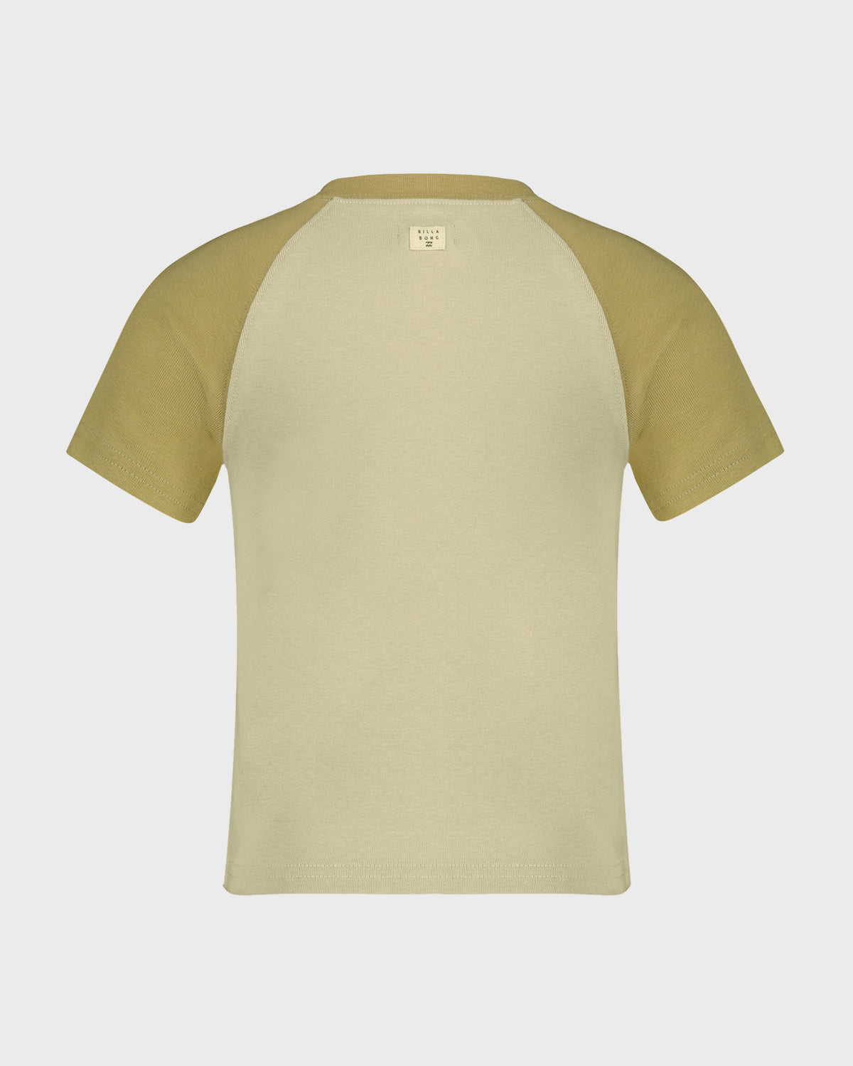 Two-tone t-shirt with green sleeves and beige body on a white background
