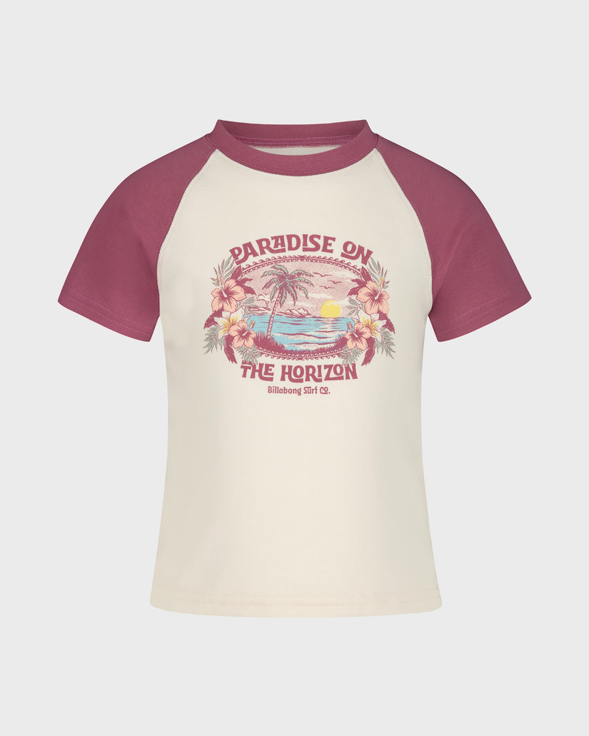 T-shirt with 'Paradise on the Horizon' design on a white background
