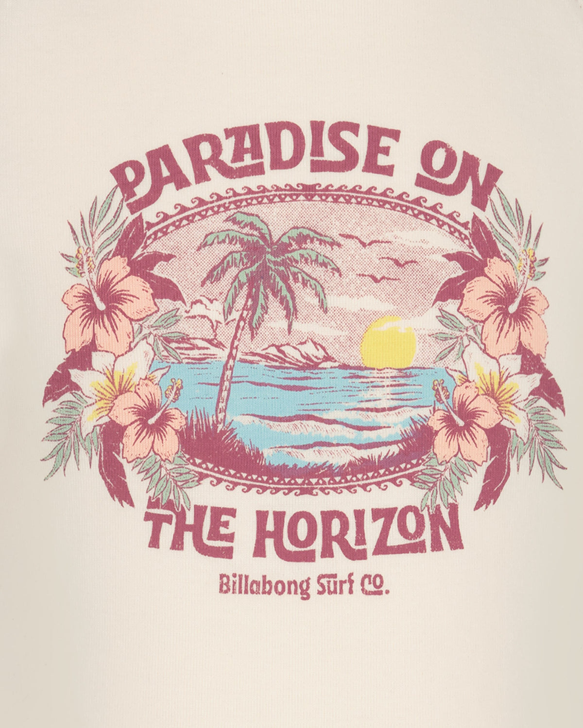 Billabong Surf Co. t-shirt design with tropical scene and 'Paradise on the Horizon' text.
