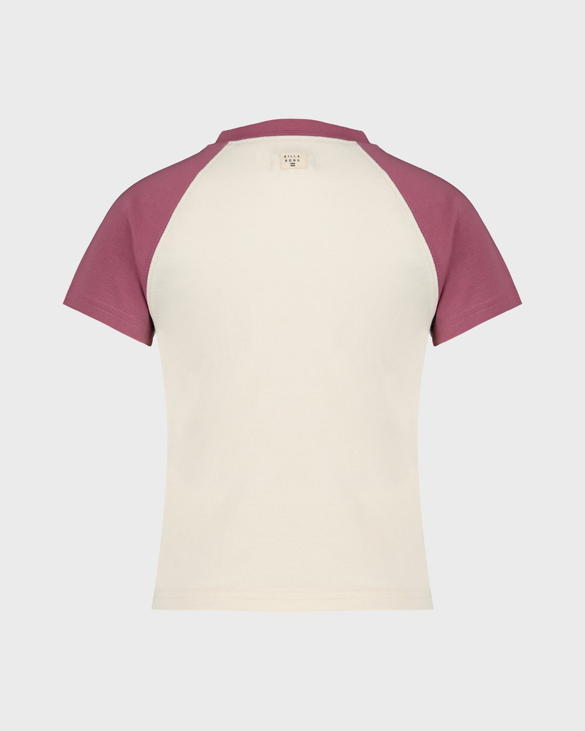 Two-tone t-shirt with maroon sleeves and cream body on a light gray background