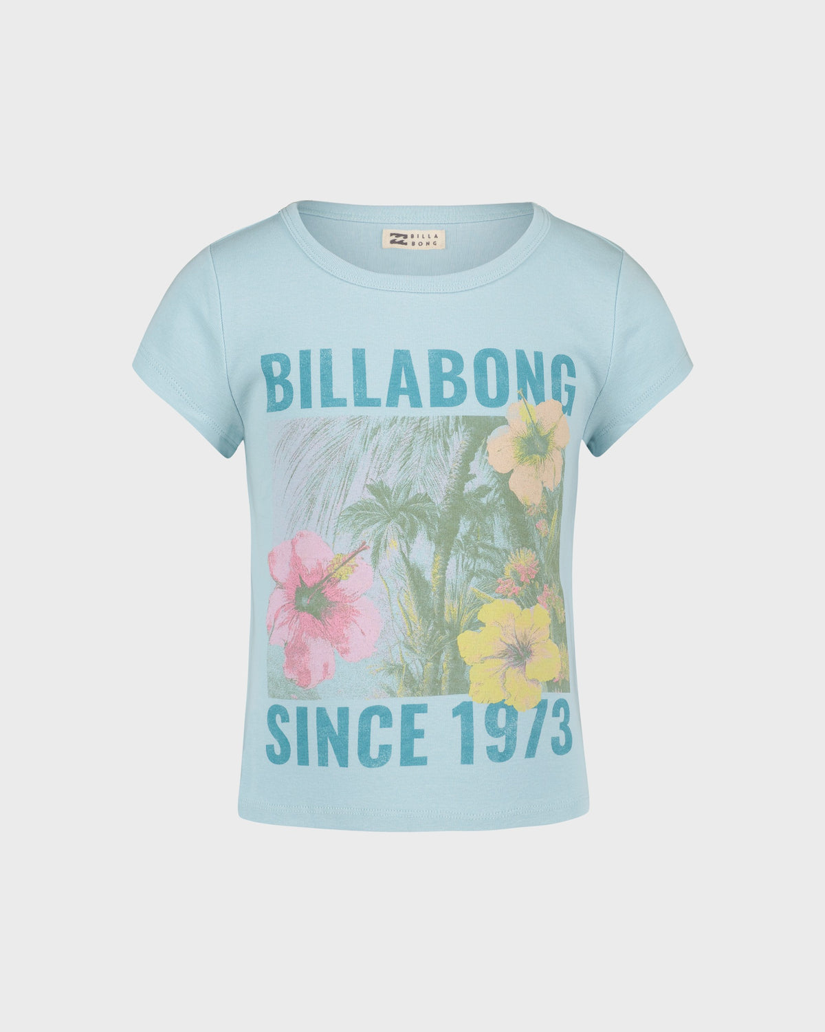 Light blue t-shirt with Billabong logo and floral design on a light gray background