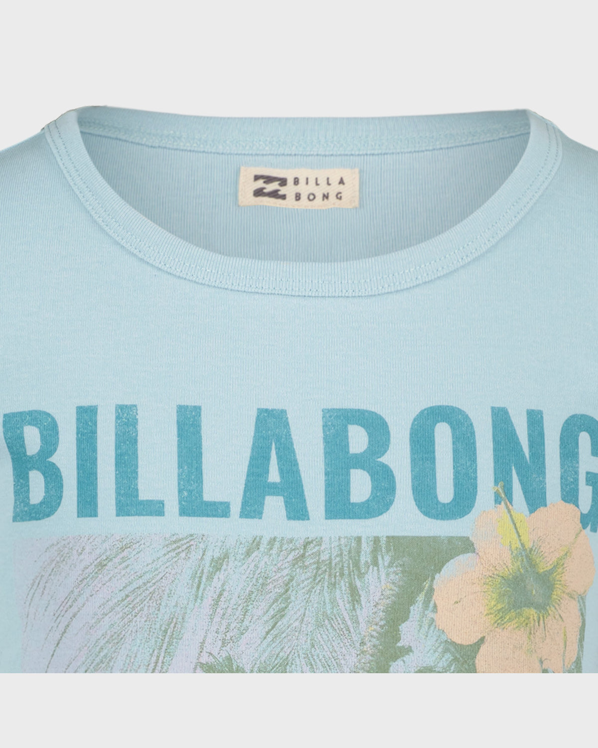 Light blue t-shirt with Billabong logo and floral design on a white background