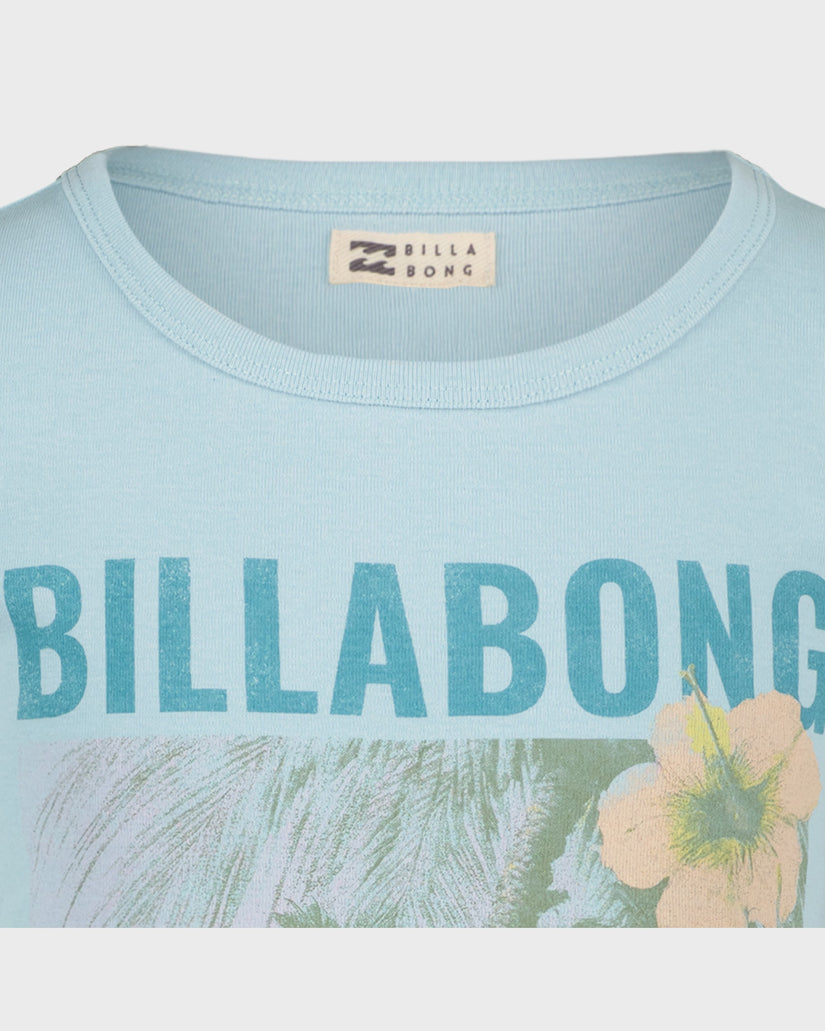 Light blue t-shirt with Billabong logo and floral design on a white background