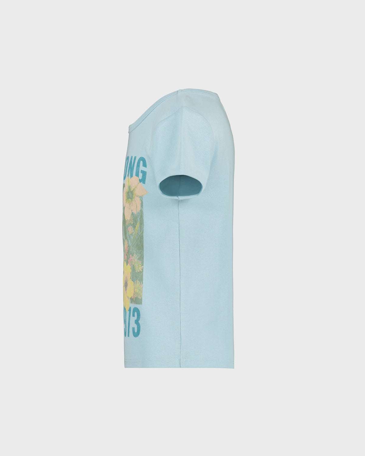 Light blue t-shirt with floral design and text on a white background