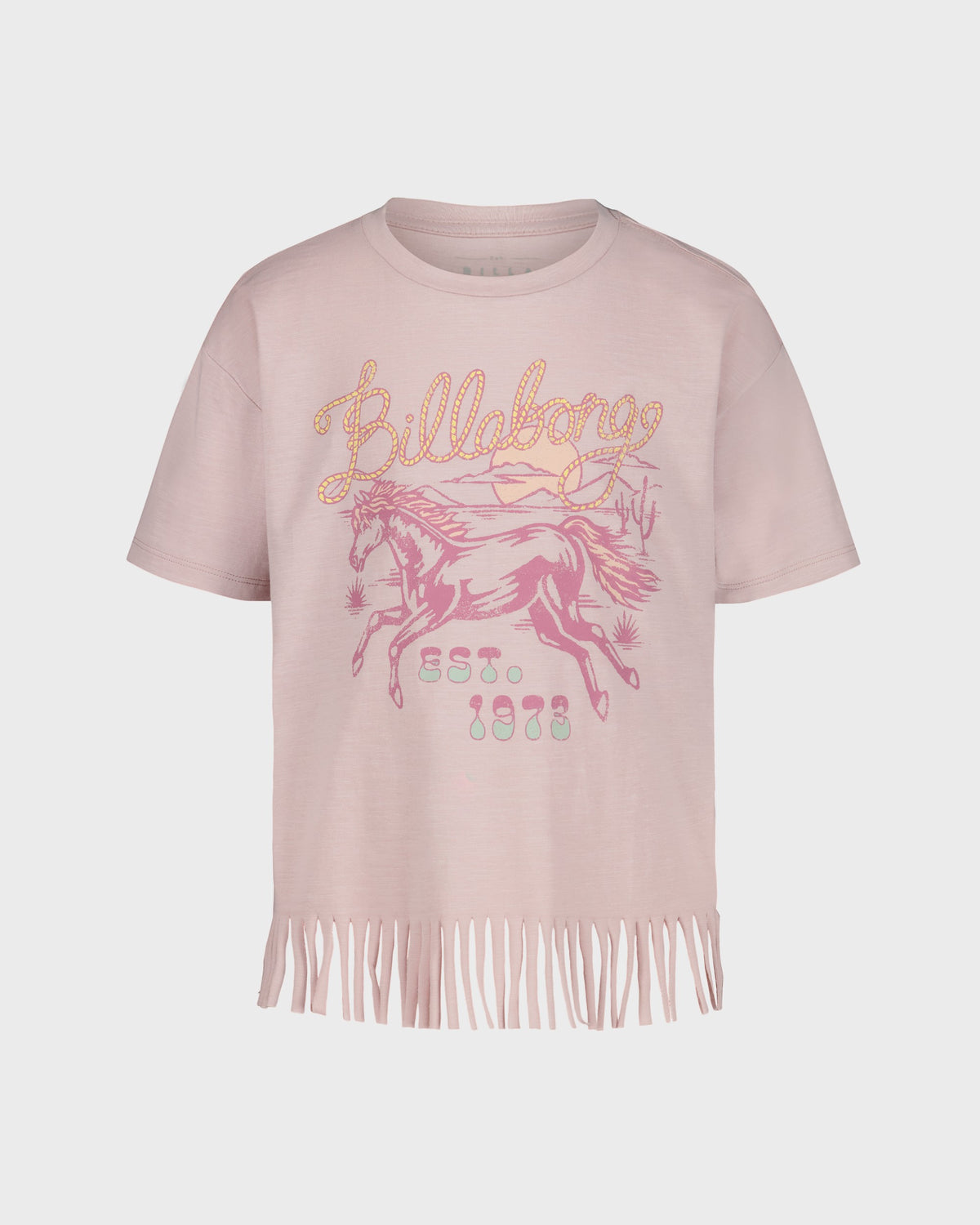 Pink t-shirt with fringes and graphic design on a white background