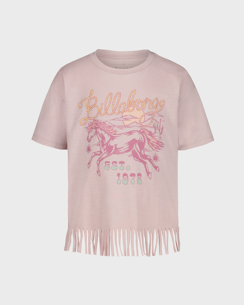 Pink t-shirt with fringes and graphic design on a white background