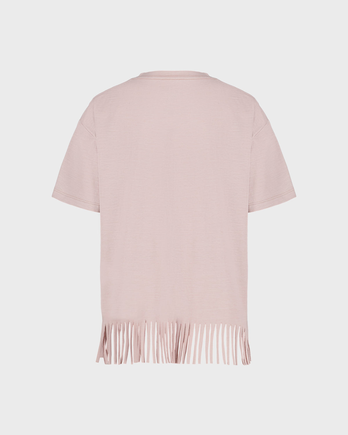 Light pink short-sleeve top with fringe details on a light gray background
