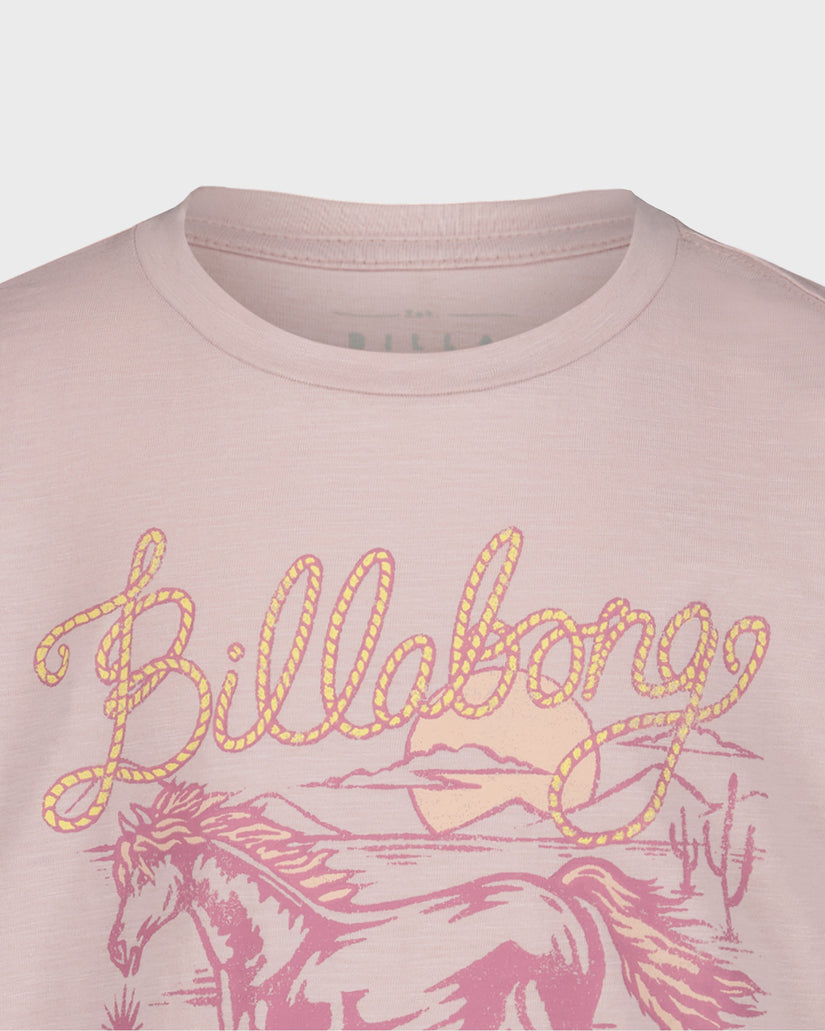 Pink t-shirt with 'Billabong' logo and horse design on a light gray background