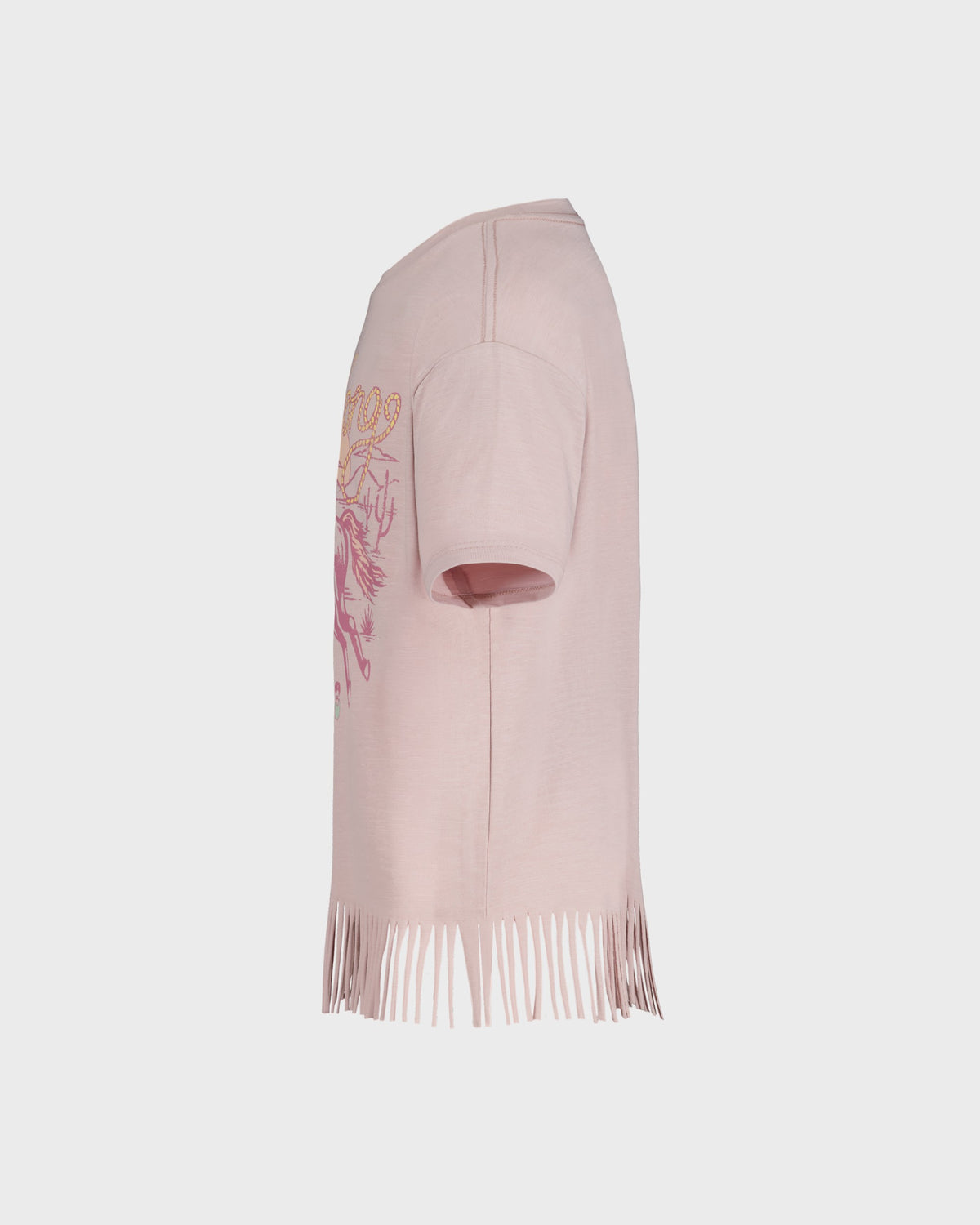 Pink cardigan with floral embroidery and fringe details on a light gray background